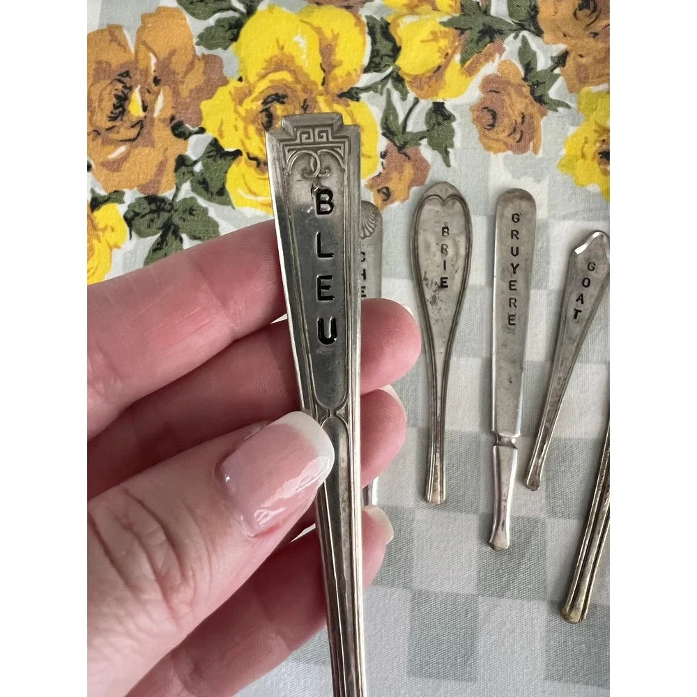 Set of 6 repurposed  Hand Stamped Vintage Spoon Handles Cheese Markers